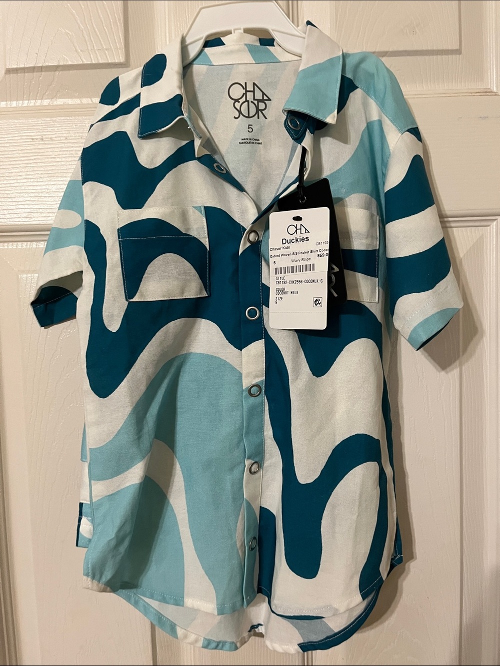 Chaser Kids Abstract Wave Print Shirt Set in Teal, Light Blue, White